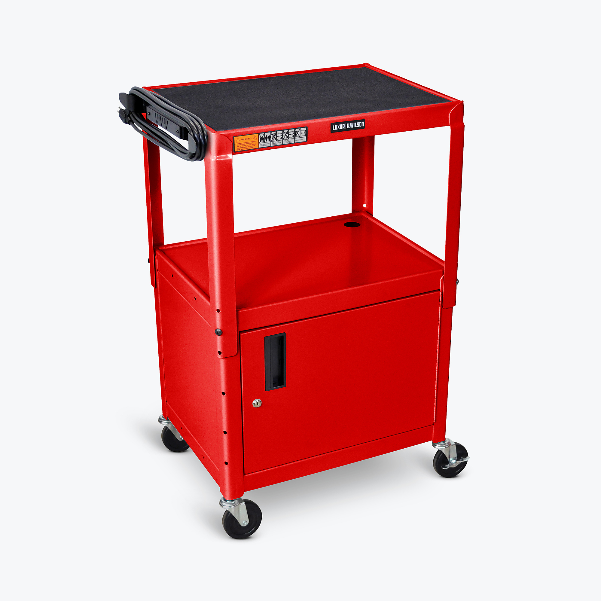 Luxor Adj-Height Steel AV Cart w/Cabinet-Red, Color Red, Material Steel, Shelves (qty.) 2, Model# AVJ42C-RD